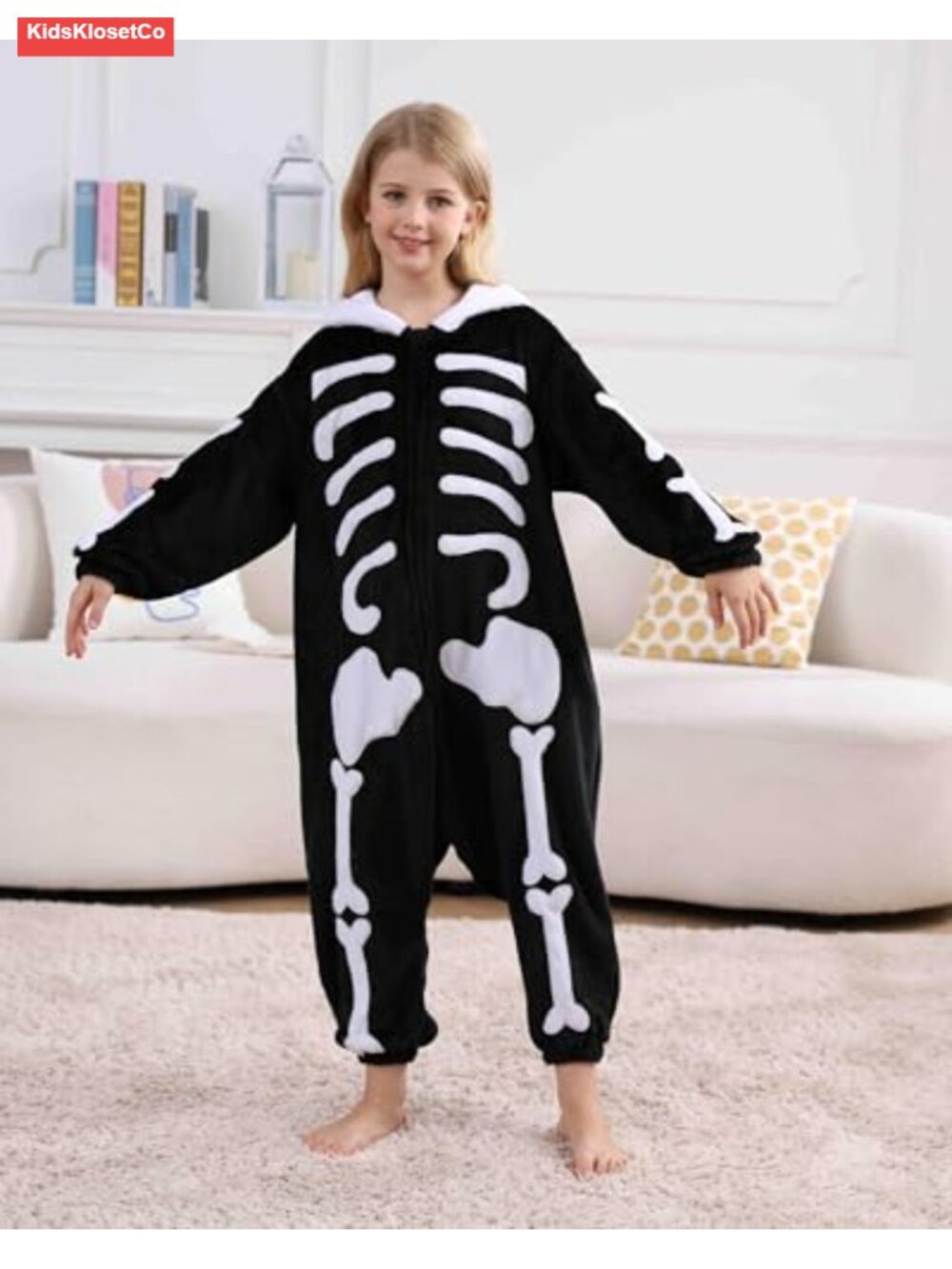 Kids Skeleton Onesie Pajamas Flannel Fleece Halloween Costume Cosplay with Hood - Picture 4 of 5